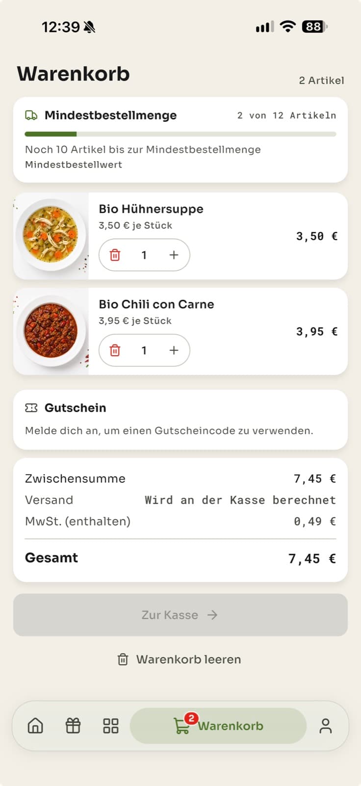 The cart with its minimum order