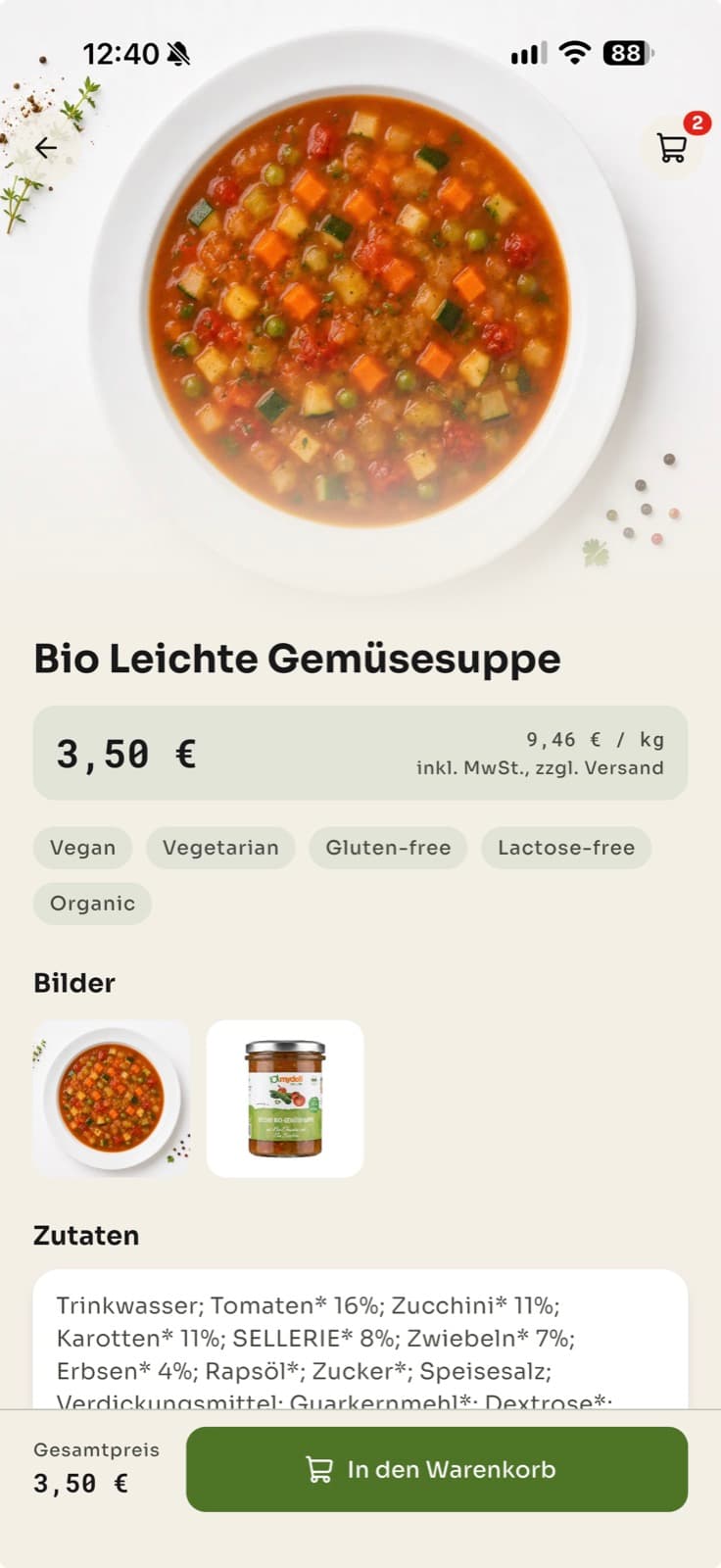 Product page with price per kilo and ingredients