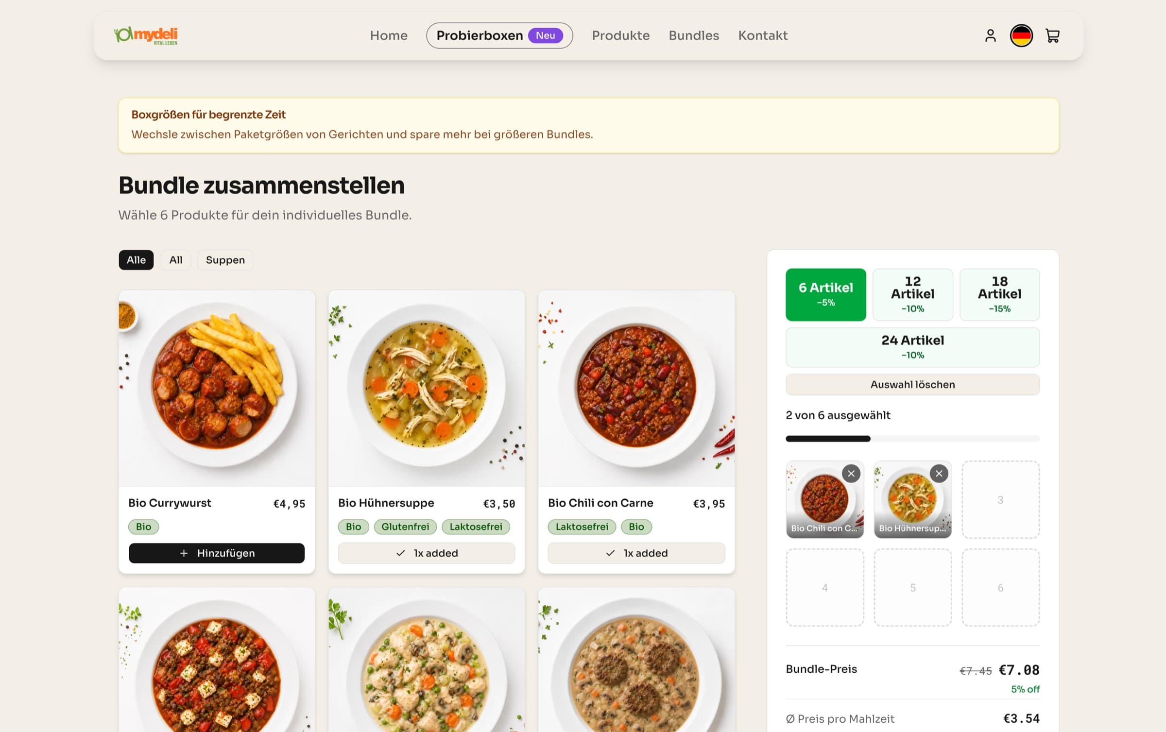 Bundle-Konfigurator: Gerichte wählen, Bundle-Preis sehen